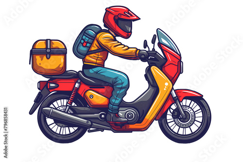 A man in a yellow jacket is riding a red scooter with a backpack on the back