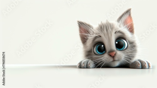 A cute and adorable gray kitten with blue eyes is peeking over a white table.