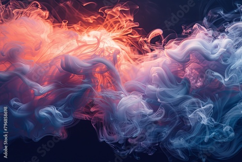 Dynamic color play with red and blue smoke intensely coiling against each other in an abstract design photo