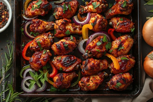 Oven-baked chicken drumsticks with vegetables and spices, ideal for culinary and food marketing