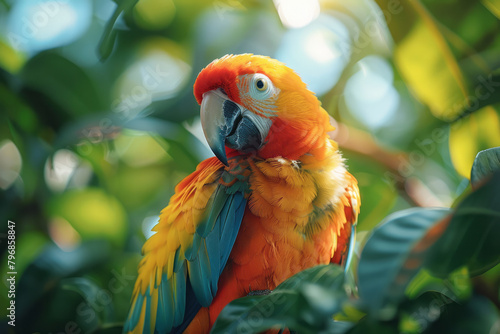 A St. Lucia parrot, vibrant and colorful, flitting through the tree canopies of its island home. photo