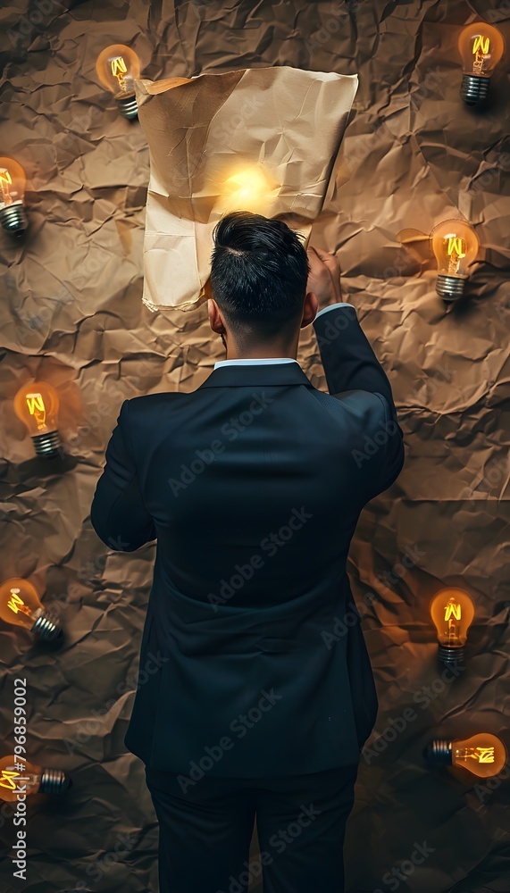 Businessman Standing in Dimly Lit Room Surrounded by Illuminated Light Bulbs,Exploring Innovative Ideas and Conceptualizing Solutions for Business
