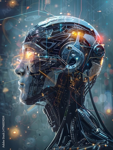 Advanced Artificial Intelligence Concept with Futuristic Robotic Cyborg Head and Technological Innovations