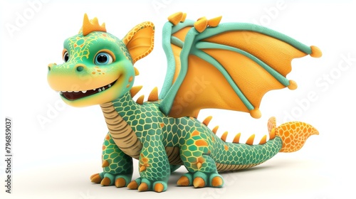 Cute and colorful 3D rendering of a baby dragon with green and yellow scales  orange wings  and a friendly smile.