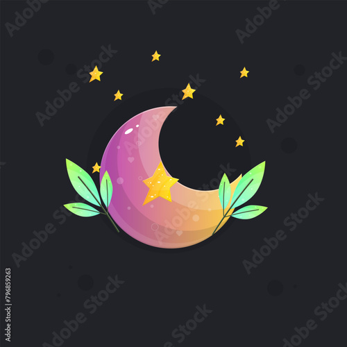 Moon Glossy Pink Orange Game Icon Badge With Green Branches And Stars Isolated Vector Design (ID: 796859263)