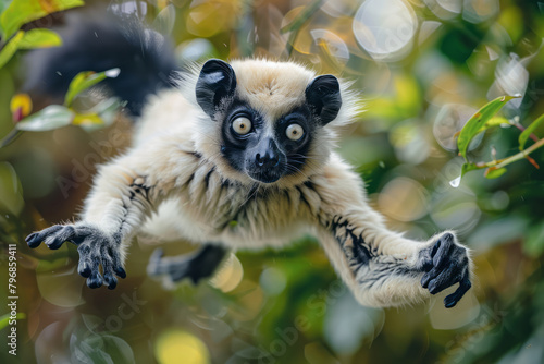 A Sifaka leaping energetically from tree to tree in the unique ecosystem of Madagascar, photo