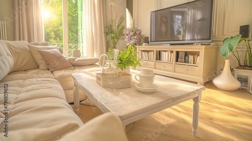 Cozy Living Room Bathed in Warm Sunlight With Comfortable Sofa and Television