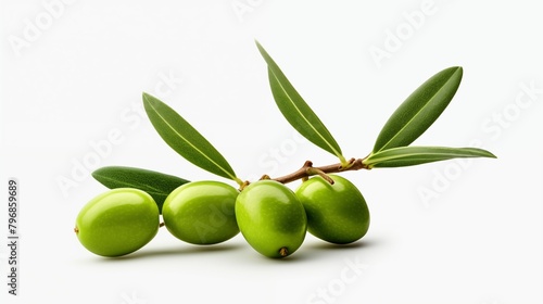 Green olives with leaves isolated white background.