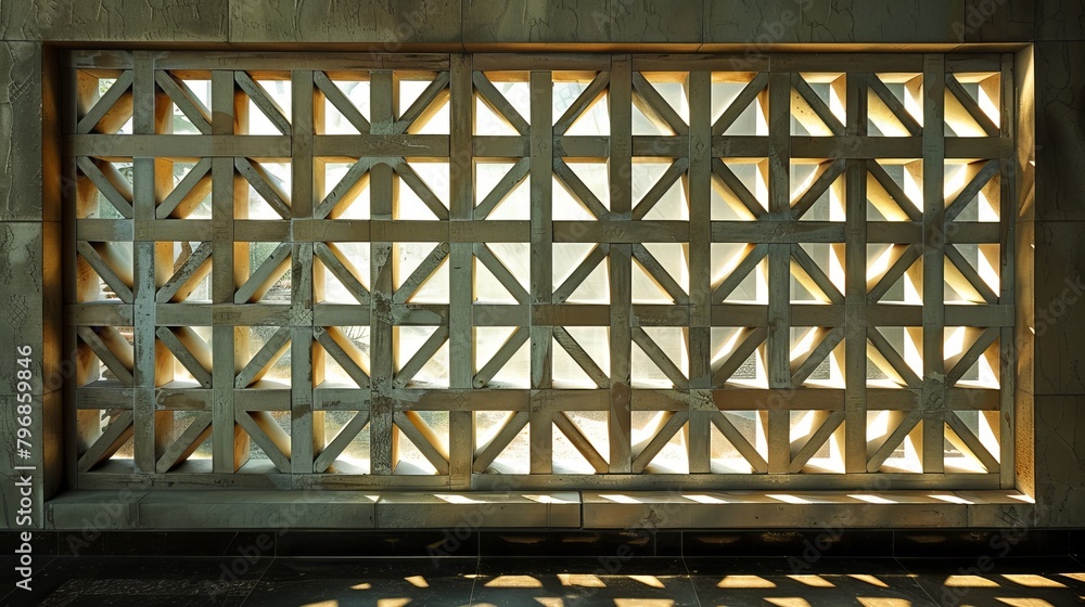 Fototapeta premium Geometric Patterns: A photograph capturing the shadows cast by a geometrically patterned window grille onto a wall
