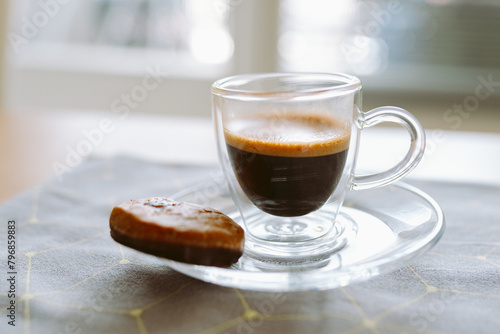 cup of espresso coffee with chocolate gingerbread photo
