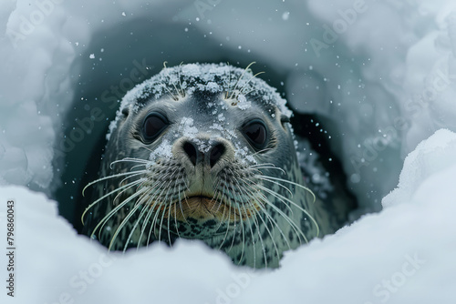A seal poking its head through a hole in the ice, its whiskers covered with frost, photo