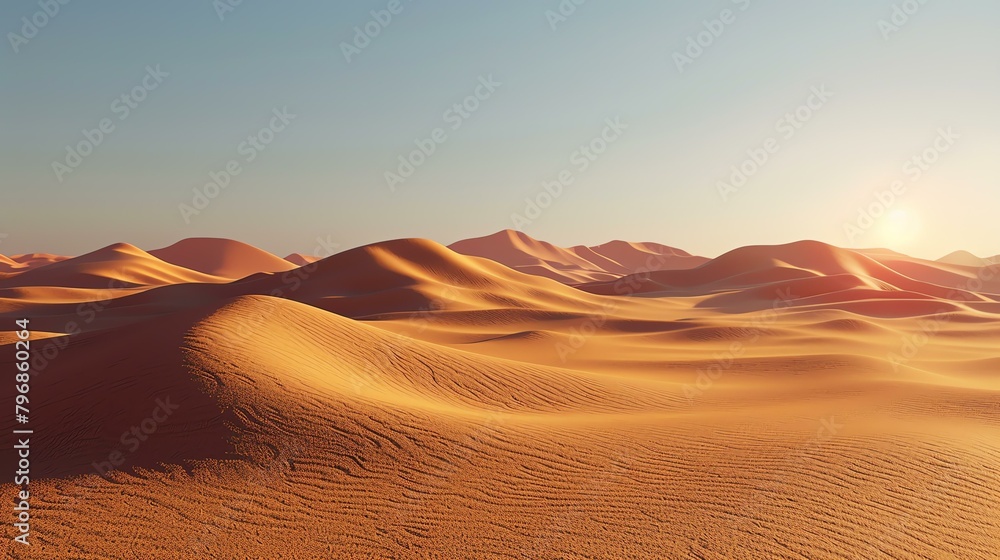 This is a beautiful landscape of a desert with rolling sand dunes. The sun is setting, casting a warm glow over the scene.