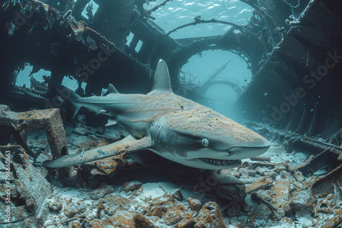 A reef shark weaving through the wreckage of a sunken ship  a ghostly underwater scene 