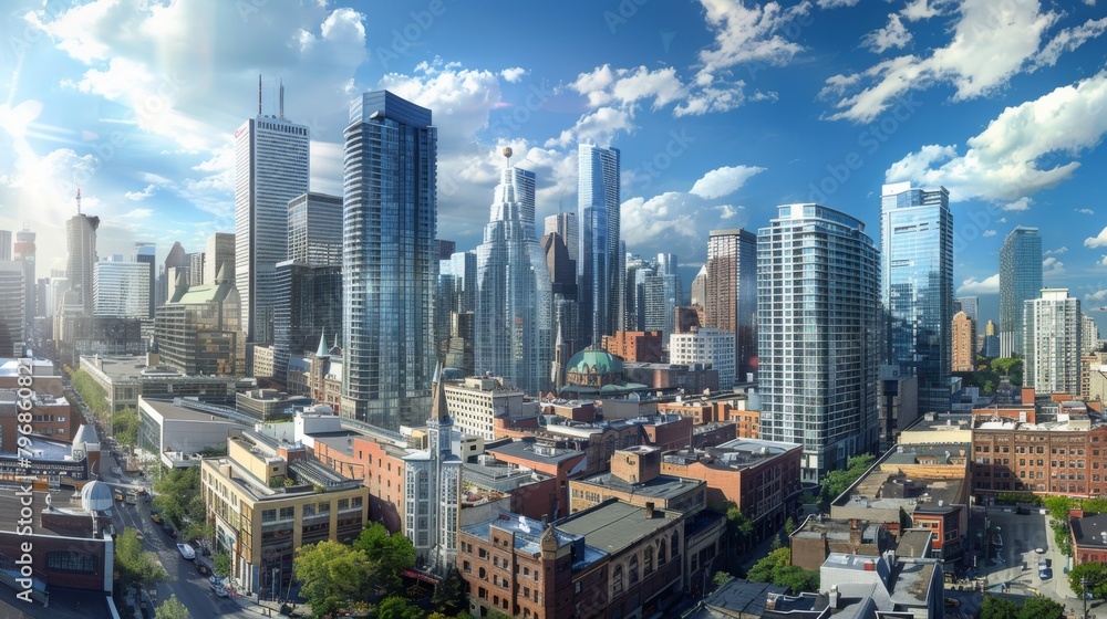 Obraz premium A panoramic view of a city skyline with a mix of old and new high-rise buildings, reflecting the evolving landscape of urban architecture.