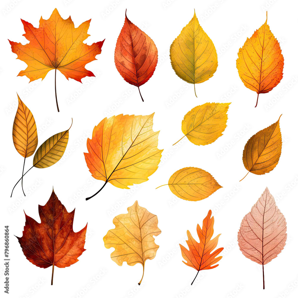 Autumn leaves collection isolated on transparent background. AI generated