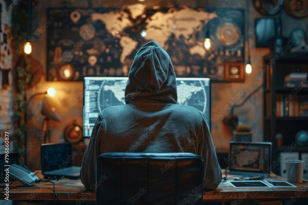An individual is seen from behind, attentively managing multiple digital screens displaying various data and maps An individual is seen from behind, attentively managing multiple digital screens displaying various data and maps