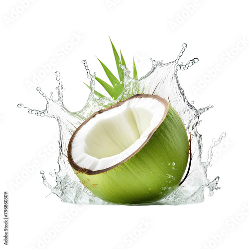 Coconuts water splashing out of a fresh green coconut isolated, on transparent background. AI 