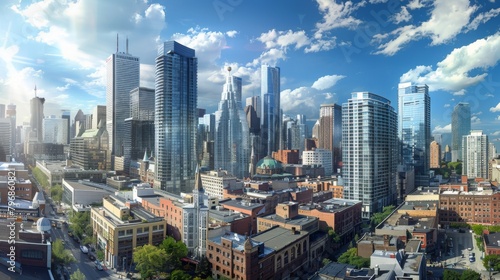 A panoramic view of a city skyline with a mix of old and new high-rise buildings, reflecting the evolving landscape of urban architecture. © Plaifah