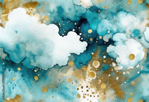 'Alcohol Water Pigment Abstract Ink Spots Gold Blue White Aquamarine Clouds Sky color Ocean Water Dots Macro Drops Ink Sputter Ink' photo