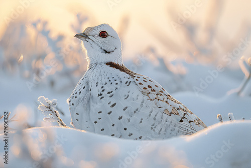 A ptarmigan in winter plumage, almost invisible against the snowy ground,