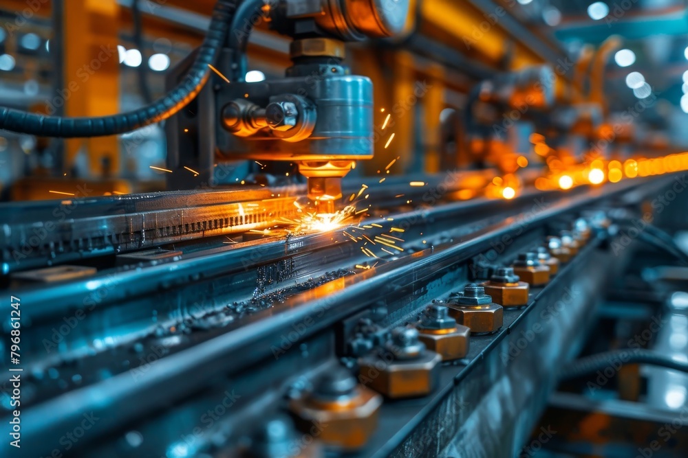 Advanced machinery precisely cuts through metal with sparks, signifying modern industrial manufacturing processes Advanced machinery precisely cuts through metal with sparks, signifying modern industrial manufacturing processes