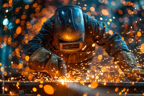 An industrial worker welds metal components, emitting a fiery burst of sparks, showcasing the raw power of manufacturing photo