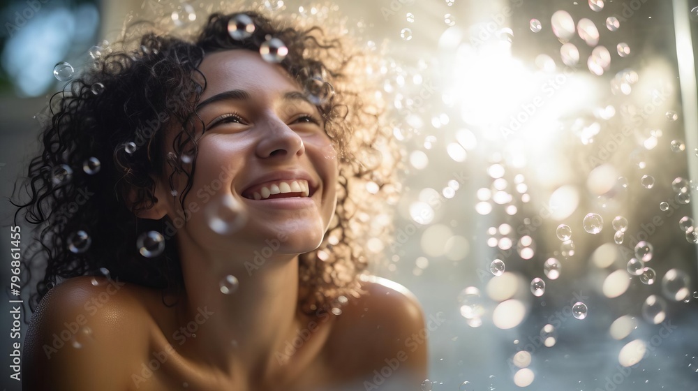Young woman enjoying a bubble bath, her face lit with a bright, joyful expression, suitable for wellness and selfcare themed stock photos