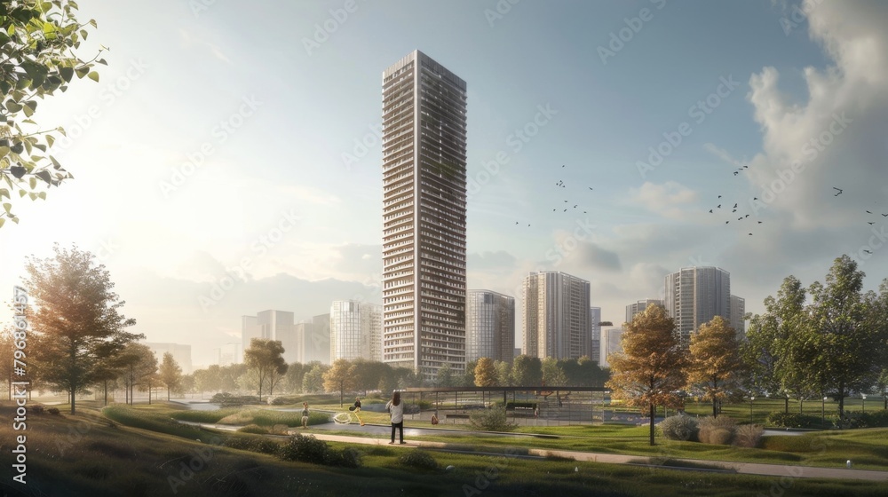 Fototapeta premium A residential high-rise building towering over a city park, providing a modern living space with panoramic views of the urban landscape.
