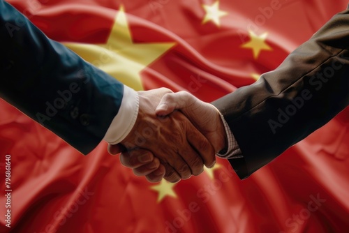 businessmen handshake after good deal in front of china flag