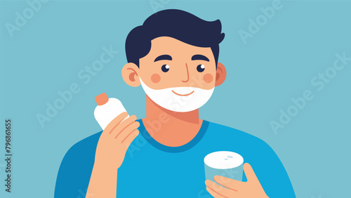 An essential part of his grooming routine a man carefully applies moisturizer to his face taking the time to massage it in for a healthy glowing.