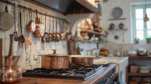 A rustic farmhouse kitchen adorned with copper pots and pans, showcasing the charm of traditional cooking methods.