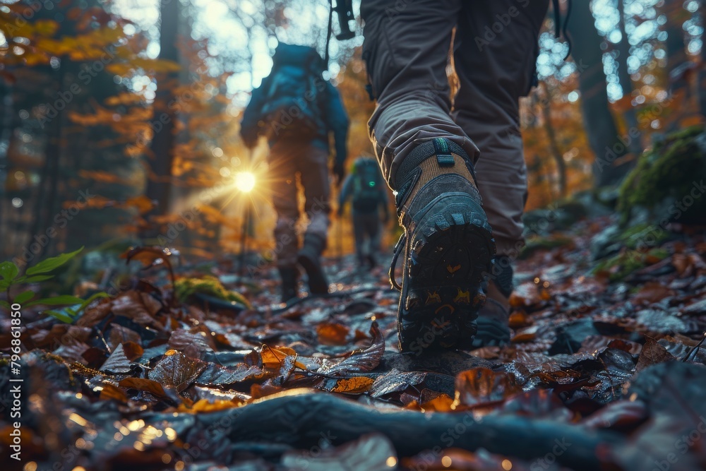 The low angle captures the warm glow of sunset as hikers traverse a leaf-covered trail in the autumn woods The low angle captures the warm glow of sunset as hikers traverse a leaf-covered trail in the autumn woods