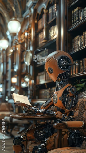 Immerse viewers in a Victorian library scene with a sentient robot reading Shakespeare under a flickering gas lamp, blending AI marvels with timeless charm photo