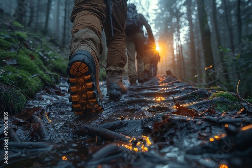 Hiking enthusiasts make their way along a wet, muddy path in the forest at sunrise, showcasing nature's raw beauty