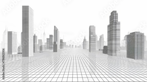 Grid Structure: A 3D vector illustration of a cityscape with a grid pattern