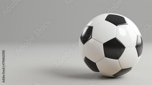 A black and white soccer ball sits on a solid gray background. The ball is perfectly centered in the frame and is slightly angled toward the viewer.