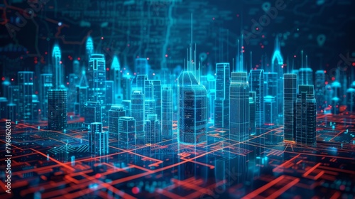 Grid Structure: A 3D vector illustration of a futuristic city with a grid-like network of transportation and buildings