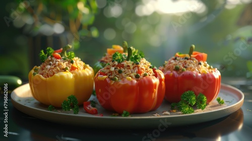 Colorful Stuffed Bell Peppers on Rustic Plate in Sunshine