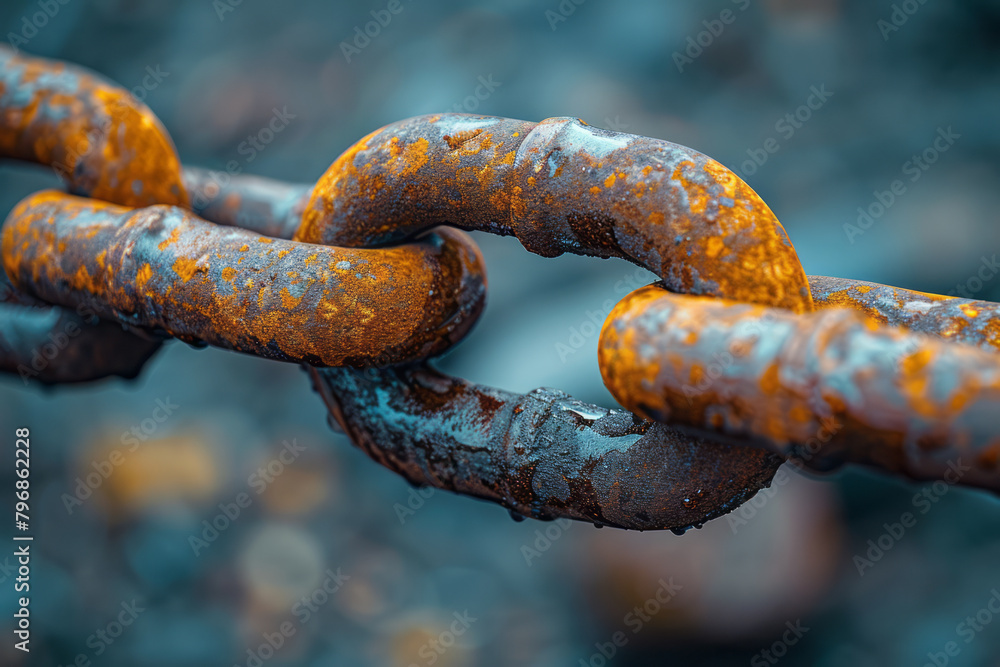 A chain with a link breaking, representing the strength and potential weakness in teamwork, A chain with a link breaking, representing the strength and potential weakness in teamwork,