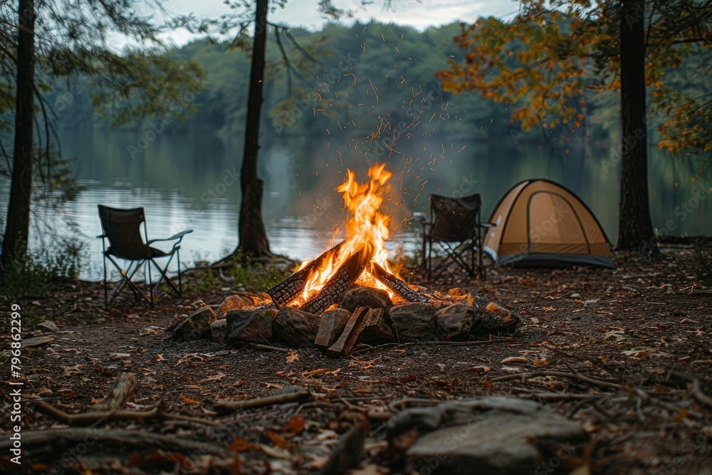 Peaceful campfire burns with twilight setting in, chairs arrayed around it, capturing the essence of outdoor life