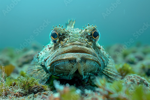 A camouflaged stonefish lying in wait on the ocean floor, nearly indistinguishable from its surroundings, photo