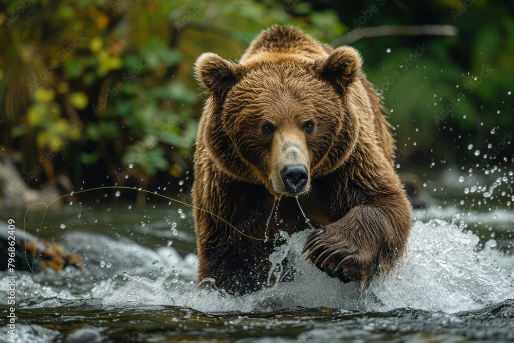 A brown bear pawing at a stream, fishing for salmon amidst flowing waters surrounded by dense forest foliage, A brown bear pawing at a stream, fishing for salmon amidst flowing waters surrounded by dense forest foliage,