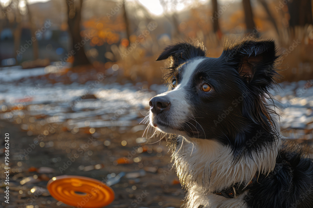 A border collie watching intently as its owner sets up a frisbee game in the park,
