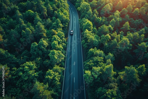 Aerial view of a single car on a winding road through a dense green forest, showcasing nature and travel