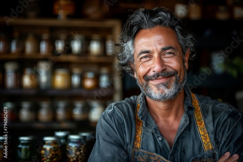 An atmospheric portrait of a smiling, bearded mature man in a shop with shelves of spice jars