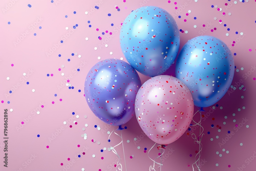 A delightful array of blue and pink balloons adorned with confetti and sprinkles against a rosy background A delightful array of blue and pink balloons adorned with confetti and sprinkles against a rosy background
