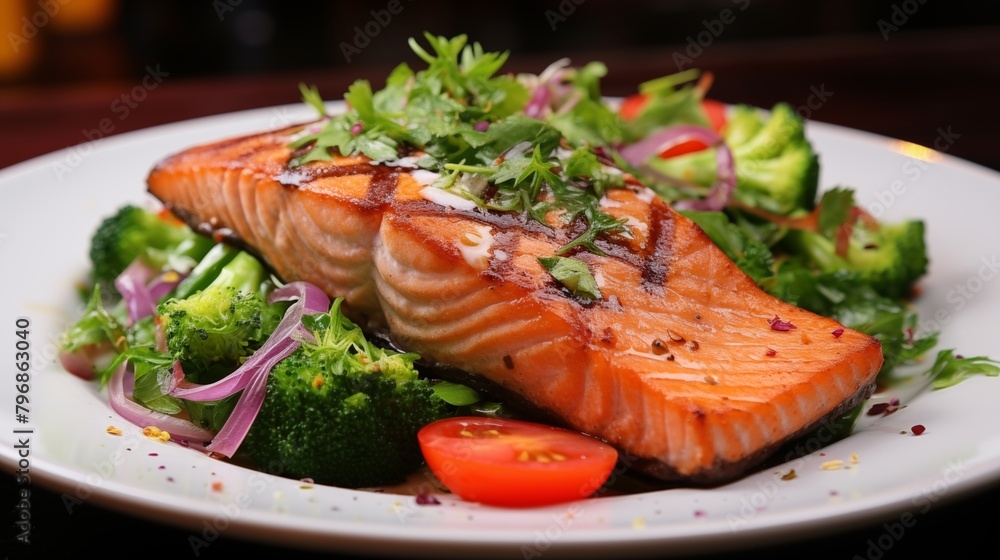 Grilled salmon fish fillet and fresh green leafy vegetable salad with tomatoes, red onion and broccoli. Grilled salmon fish fillet and fresh green leafy vegetable salad with tomatoes, red onion and broccoli.