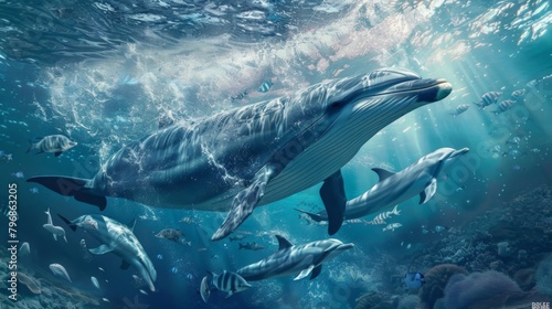 A serene underwater scene with a pod of dolphins playfully swimming alongside a majestic blue whale, illustrating marine life diversity. © Plaifah
