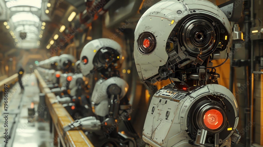 Fototapeta premium Explore a surrealistic world of robotic beings from an eye-level angle, showcasing intricate metallic details contrasted with dream-like settings and lighting Invite viewers to witness machinery in a