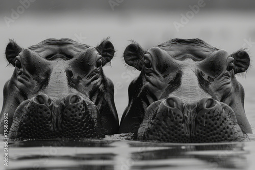 A pair of hippos submerged in a river, their eyes and nostrils just above the water surface, photo